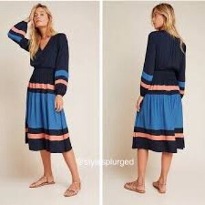 Anthropologie Navy and Blue Long Sleeve Dress